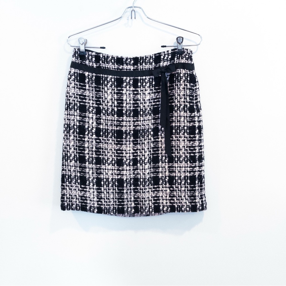 LOFT Black & Pink Tweed Plaid Bow Skirt Wool Blend Parisian Chic Old Money 2